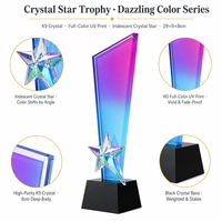 Trophée Étoile en Cristal Coloré Personnalisé, Dégradé Iridescent, Base Noire Conique, Récompense Anniversaire, Vente en Gros