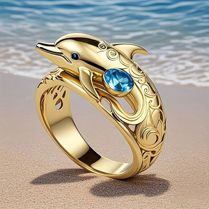 Anello con motivo a nuvola di delfini per donna, gioiello da dito alla moda in stile oceano - Product Image 1