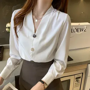 Summer Blouse Shirt for Women Fashion Long Sleeve V Neck Casual Office Lady White Shirts Tops Japan Korean Style