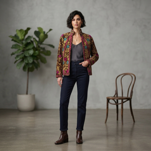 Elegant <b>Velvet</b> Embroidered Cotton Knitted Bomber <b>Jacket</b> <b>Women</b> Stand Collar Floral Handmade Ethnic Boho Autumn Quick Dry Full - Product Image 1