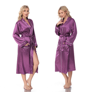 Ladies Long Luxury Robes Solid Wholesale Kimono Satin Silk Robe with Piping <strong>Women</strong> Bathrobe Elegant Casual <strong>Sleep</strong> Wear <strong>Lounge</strong> - Product Image 1