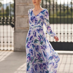 Vestido de Noche Largo con Estampado Floral, Cuello en V, Cintura Imperio, Vestido Maxi para Mujer, Transpirable y a la Moda - Product Image 2