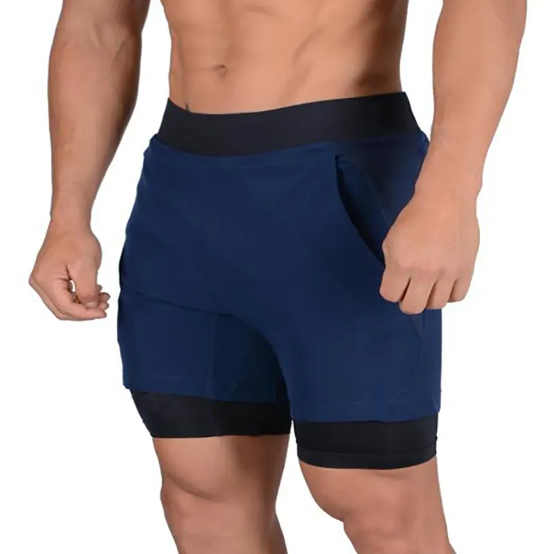 Custom men slim sweat fitness sport workout running trail wear men's gym stretch shorts with compression liner pockets