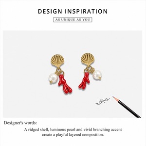 Boucles d'oreilles pendantes en forme de coquillage et de perle, en acier inoxydable, imitation perle, émail rouge, motif branche, bijoux à clous - Product Image 4