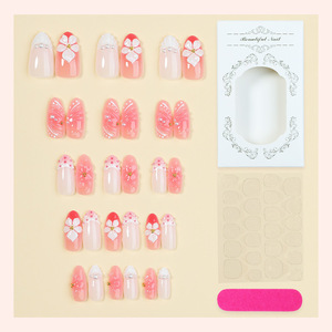 Juego de 30 <span class=keywords><strong>Uñas</strong></span> Acrílicas Francesas <span class=keywords><strong>con</strong></span> Diseño de <span class=keywords><strong>Flores</strong></span> <span class=keywords><strong>3D</strong></span>, Medianas, Almendradas, Color Rosa y Blanco, Cobertura Total, Reutilizables, Pre-Diseñadas - Product Image 2