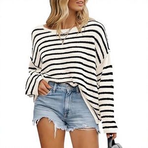 Suéter de punto de algodón con encaje de moda para mujer, top informal de otoño con cuello redondo y manga corta para oficina - Product Image 3