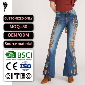 Pantalones vaqueros largos para mujer, pantalones de mezclilla bordados, pantalones casuales de campana - Product Image 1