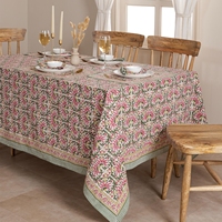 Nappe rectangulaire en coton imprimé botanique rose avec bordure florale pour la décoration de la maison