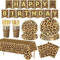 Vaisselle jetable à imprimé léopard, assiettes, gobelets, serviettes, couverts pour fête d'anniversaire sur le thème des animaux, safari, fournitures pour baby shower