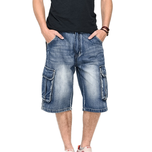 Shorts de Mezclilla Elásticos de Corte Bootcut Vintage para Hombre, Verano, Cintura Media, 100% Poliéster, Azul/Negro, Secado Rápido, Marca Personalizada, Servicio OEM - Product Image 1