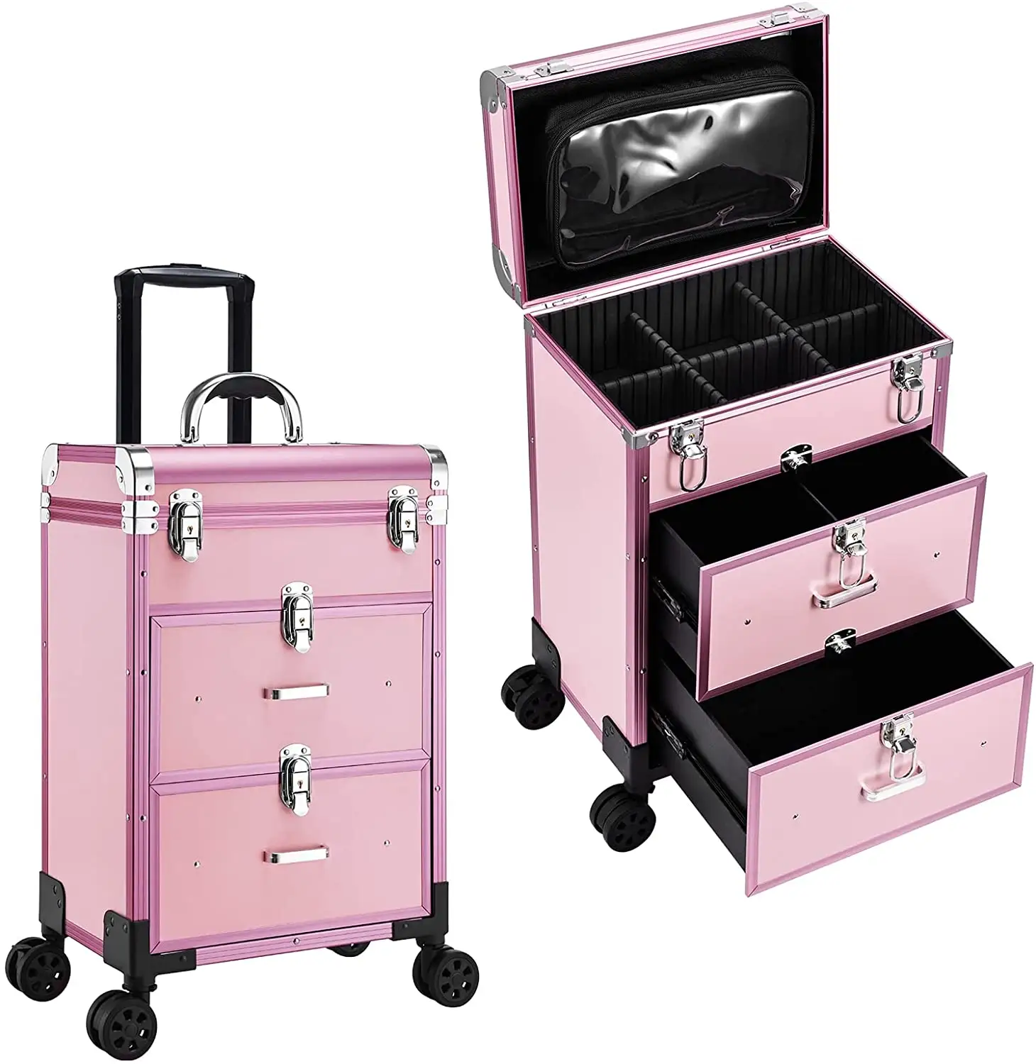 Professional Rolling Makeup Train Case with Drawers, Large Cosmetic Trolley with Locks, Cosmetics Storage Organizer Make up Case