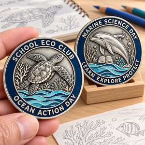 Pièces de monnaie personnalisées pour événements scolaires avec motifs en relief tortue et dauphin pour les clubs écologiques et les cadeaux de la Journée des sciences marines OEM ODM - Product Image 1