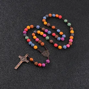 2024 Plastic Coloful Rosary Beads Cross Pendant Long Necklace Catholic Christ Religious Jesus Jewelry For Women Men Gift