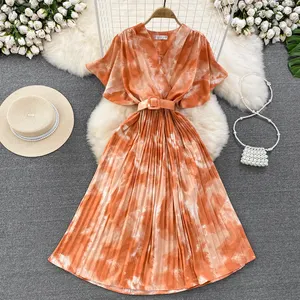 Summer Vintage V-Neck Tunic Slim Pleated Midi Dress For Women Butterfly Sleeve Empire Tie Dye Printed Lace Dress Purple Yellow B