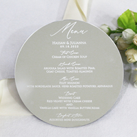Tarjeta de invitación de boda acrílica de forma redonda blanca elegante, hoja de oro, tarjeta de menú de boda acrílica, personalizada aceptada