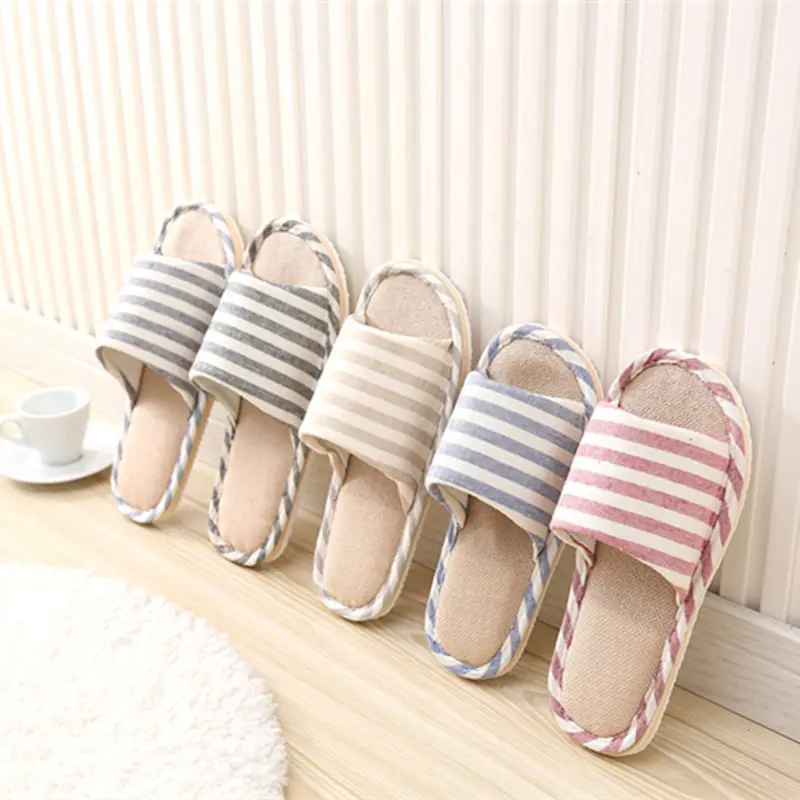 Sandal Slip On pasangan wanita, Platform dalam ruangan sol lembut selop Linen datar rumah sandal jepit