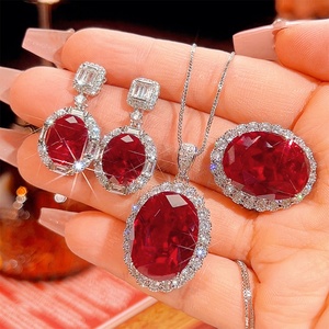 High Quality Eco-friendly Copper Oval Cut 15*20mm Red Cubic Zirconia Wedding Bridal Necklace <b>Earrings</b> Rings 3Pcs Jewelry <b>Set</b> - Product Image 3