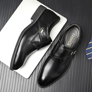 Chaussures habillées en cuir Monk Strap pour hommes, à bout pointu, avec fermeture auto-agrippante, respirantes, pour le bureau et la carrière, couleur unie, automne - Product Image 4