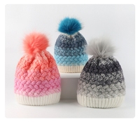 Ensemble deux pièces bonnet et gants en tricot pour enfants d'hiver à pompon tendance Dégradé de couleurs Plus polaire Bonnet chaud pour enfants