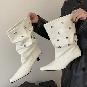 Sepatu <span class=keywords><strong>Boots</strong></span> Wanita Model Baru, Solid Hollow Button Pleated PU Upper, Elegan, Ujung Runcing, Hak Tipis Rendah, Sepatu Pesta - Product Image 3