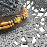 Chapeau de cowboy noir imitation paille en gros |   Chapeaux de festival Panama personnalisés en cuir ajouré et perles de bois, protection solaire pour adultes