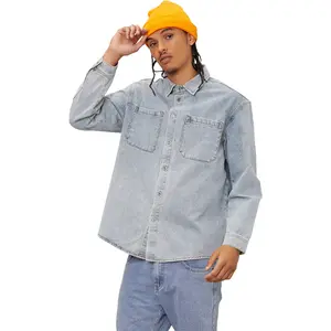 custom logo man washed western button-down denim shirts jeans shirt casual shirt men