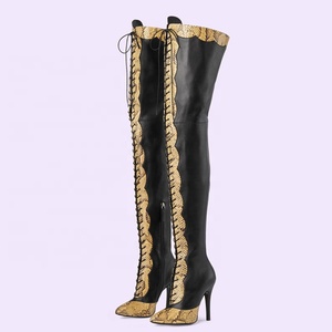 Lace up Patchwork Thigh High <b>Boots</b> Women's Stiletto Over-knee Long Booties Snake Prints Thin Heels Wide Leg Fit Size 45 - Product Image 3