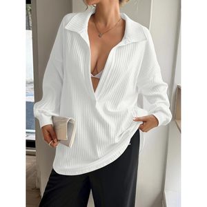 Suéter de punto acanalado de manga larga con cuello en V profundo y cuello tipo polo para mujer, estilo casual y suave - Product Image 3