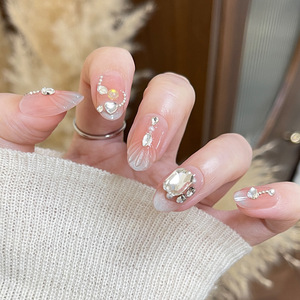 Nude Pink Gradient ZD Pearl Shell Exquisitas puntas de uñas de diamantes de imitación Summer Hot Girl Uñas postizas usables - Product Image 2