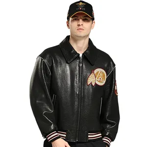 2023 wholesale original sports bomber real sheep leather jacket men black