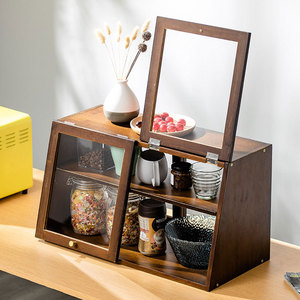 Solid Wood Desktop <b>Sideboard</b> Cabinet With Glass Doors <b>Kitchen</b> Storage Organizer <b>For</b> Countertop Use - Product Image 2