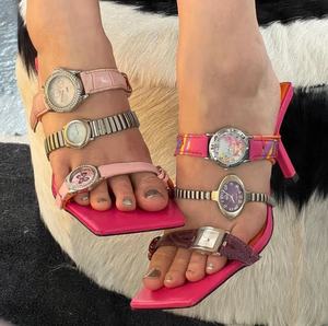 Scarpe da Festa per Donne, Nuova Moda Estiva, Sexy <span class=keywords><strong>Tacchi</strong></span> <span class=keywords><strong>Neri</strong></span> Trendy con Orologio Dorato, <span class=keywords><strong>Tacchi</strong></span> Firmati per Donne - Product Image 2