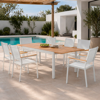 Mesa de comedor extensible para jardín HOMFUL con aspecto de teca, listones de aluminio con acabado de madera, mesa de comedor para exteriores resistente a la intemperie