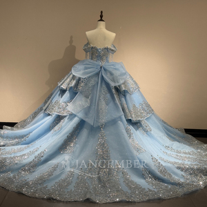 ชุดเดรส XS280 สีน้ำเงินสวยงาม ประดับลูกปัดคริสตัล ปักลายฉลุ แต่งระบายชายกระโปรงยาวลากพื้น พร้อมพู่ห้อยและโบว์ - Product Image 4