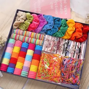 Venta al por mayor 1175 Uds accesorios para el cabello caja de regalo banda de pelo elástica de colores mezclados incluyen terciopelo Scrunchies lazo de pelo de nailon para niñas