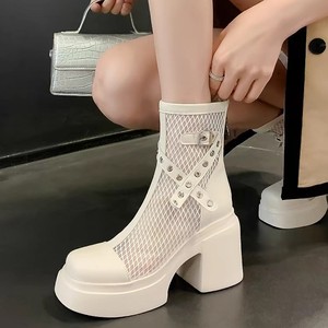 Bottines d'été roses à talons épais en maille pour femmes, bottes de style britannique à semelles épaisses, design rehaussant la silhouette - Product Image 2