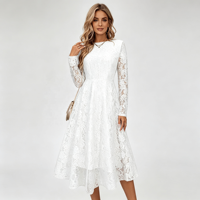 Robe midi élégante pour femme 2026 à col rond et manches longues en dentelle, broderie florale, taille smockée, idéale pour les soirées et les invitées de mariage