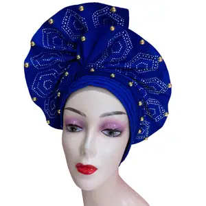 美丽的皇家蓝色女性Aso Oke头带时尚非洲编织头巾穆斯林钻石和珠子头饰