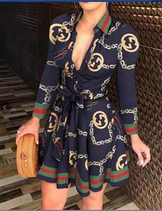 Nouveau femmes décontracté <span class=keywords><strong>robe</strong></span> d'été à manches longues col en v cravate mode Sexy imprimé Empire solide vente chaude - Product Image 6