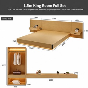 Juego de Muebles para Dormitorio de Hotel B&B, Estilo Minimalista, Cama King Size de Madera Gris, Mesa de Noche Tapizada - Product Image 3