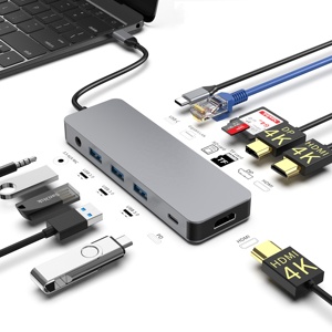 Station d'accueil Type-C 12-en-1 avec prise en charge de 2.0 et DP 4K60Hz, support pour 3 moniteurs, hub de charge USB 3.0, en aluminium, en stock - Product Image 1