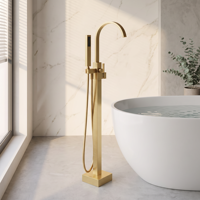 Robinet de baignoire sur pied contemporain à col de cygne avec douchette à main rotative à 360° pour appartement
