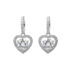 E1504 Orecchini in oro bianco con diamanti, taglio rotondo brillante, a forma di cuore, gioielli da sposa, stile romantico da donna - Product Image 1