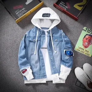 Jaket Denim Pria, Streetwear Hip Hop Jaket Jins Bertudung Pria Pakaian Luar Kasual 2022 Mode Musim Gugur Musim Dingin Baru Mantel Slim Fit