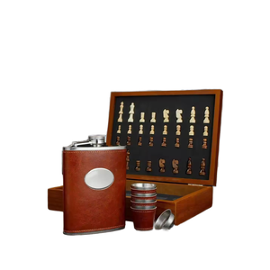 Whiskey Chess Gift Portable Square Wooden Box Set Mini Brown Leather <b>Stainless</b> Steel Flask with Funnel 8 oz 4 <b>Glasses</b> - Product Image 1