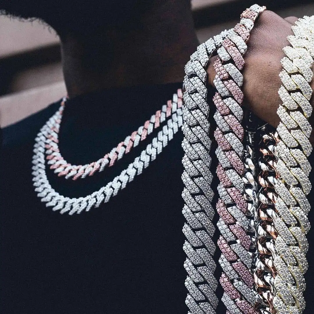 Collar cadena de eslabones con diamantes de circonia cúbica para hombre, Gargantilla, zirconia, circonita, zirconita, oro de 18 quilates, 18K, estilo Hip Hop