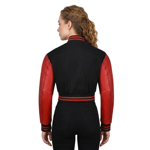 <b>Women's</b> Varsity <b>Jacket</b> Black Knitted Body Red PU <b>Leather</b> Sleeves Button Closure Short Length Stand Collar Autumn Wear - Product Image 2