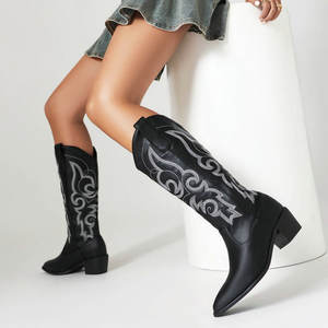 Bottes en cuir <span class=keywords><strong>noir</strong></span> pour femmes BUSY GIRL XYF4912 bottes hautes pour femmes bottes de cowboy <span class=keywords><strong>western</strong></span> à talons épais brodés pour femmes - Product Image 4