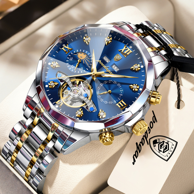 Poedagar 1422 Men Luxury Hollow Tourbillon Stainless Steel Waterproof Automatic Mechanical Wrist Watch