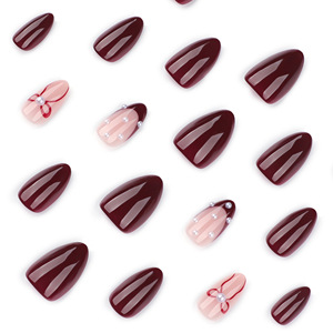 Ensemble de <span class=keywords><strong>faux</strong></span> <span class=keywords><strong>ongles</strong></span> 2026, style nœud rouge romantique, <span class=keywords><strong>ongles</strong></span> à presser moyens en amande, base rouge <span class=keywords><strong>bordeaux</strong></span> nude avec perles et strass - Product Image 3